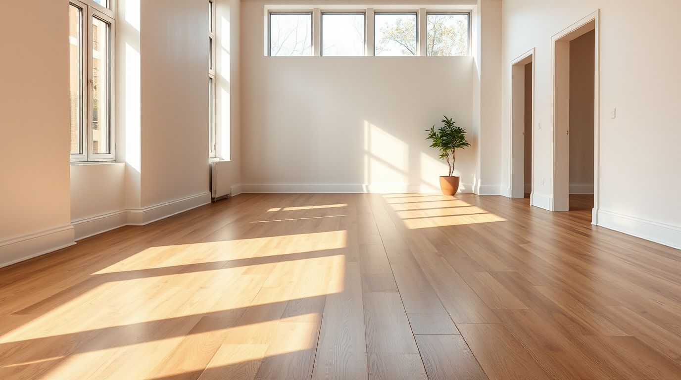 Engineered oak flooring laid through an empty, sunlit room